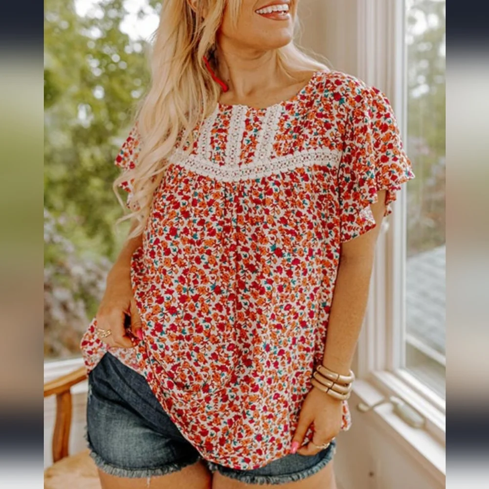 Summer 🌞Boutique boho 🌷 Red Floral lace top - Picture 4 of 6